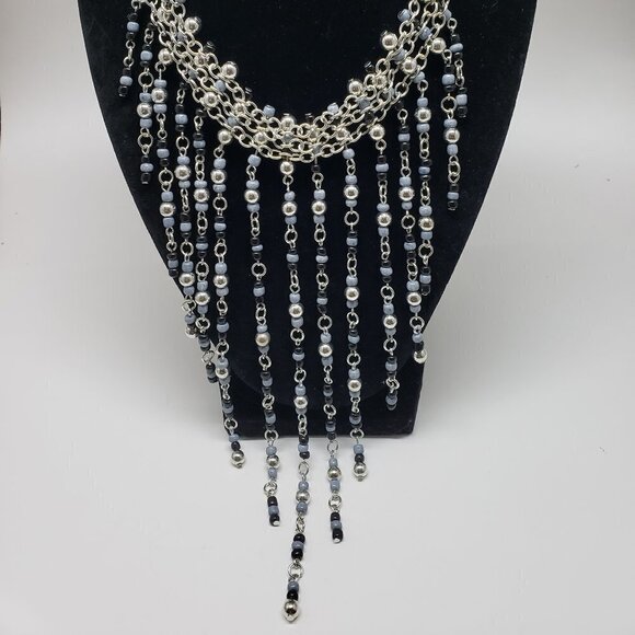 Women's Stylish Layered Silver-tone Black & Gray Beads Fringed Cascade Necklace - Picture 5 of 10